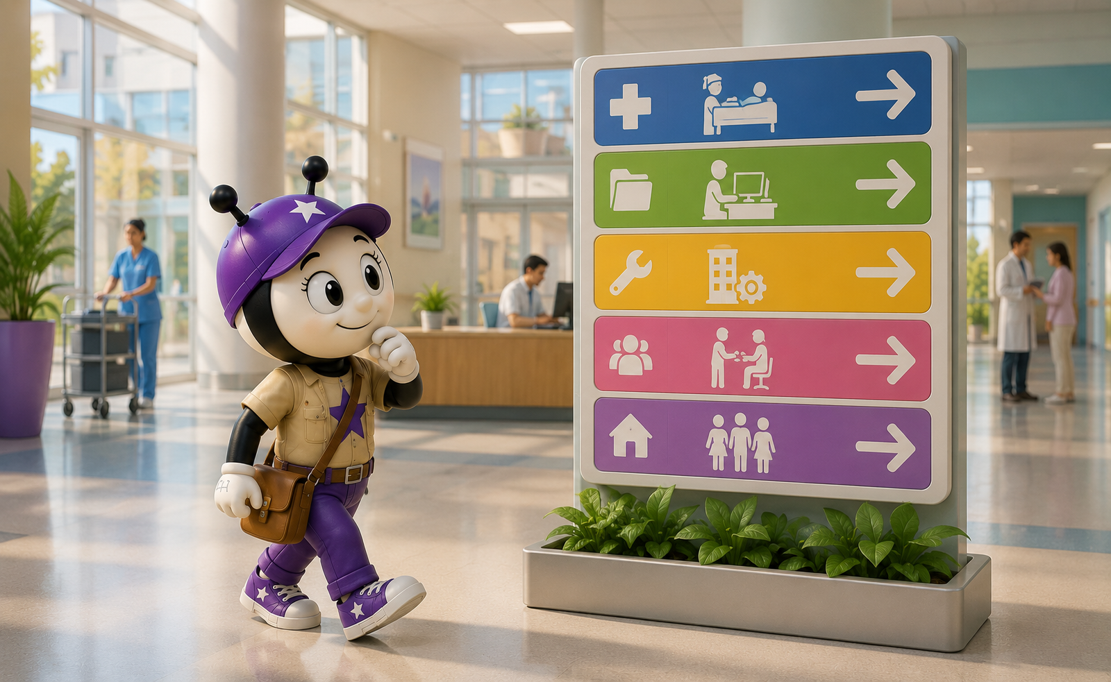 Trouvix devant un panneau orientant vers les métiers de la fonction publique hospitalière
